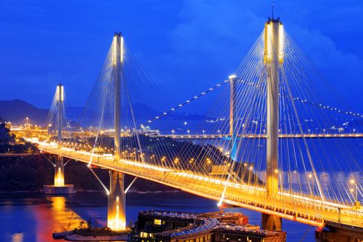 highway bridge at night with traces of light traffic, Ting Kau bridge at hong kong.