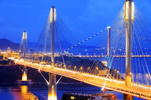 highway bridge at night with traces of light traffic, Ting Kau bridge at hong kong.