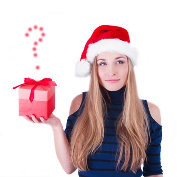 Christmas Santa hat isolated woman portrait hold christmas gift. Smiling happy girl on white