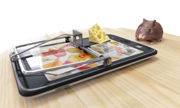 virtual cheese. smartphone as mousetrap and mouse advertising concept