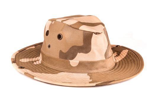 Stylish safari hat with camouflage patterns over white background