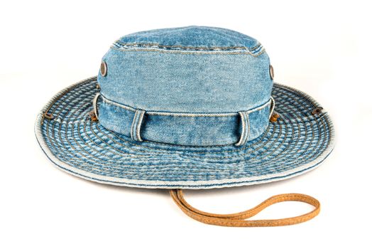 Stylish cowboy hat made of denim over white background