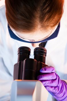 Life science researcher microscoping in the laboratory. Focused life science professional routine screening  microscope slides in the cell laboratory. Healthcare and biotechnology concept.