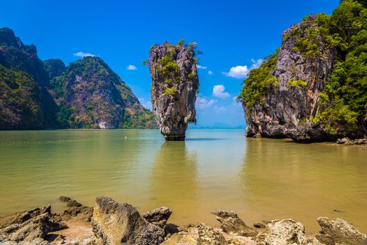 The world famous James Bond island also known as Khao Phing Kan featuring the 20m tall islet known as Ko Tapu in Phang nga bay in Thailand.