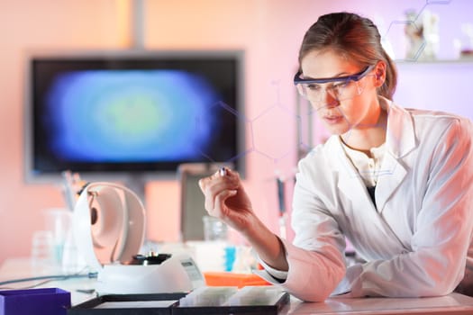 Life science researcher working in laboratory. Portrait of a confident female health care professional in his working environment writing structural chemical formula on a glass board.