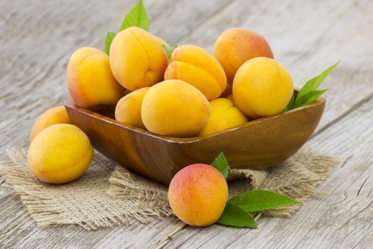 fresh apricots in a bowl on wooden background