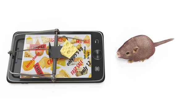 virtual cheese. smartphone as mousetrap and mouse advertising concept