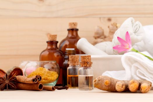 Natural Spa Ingredients Aromatherapy and Natural Spa theme  on wooden background.