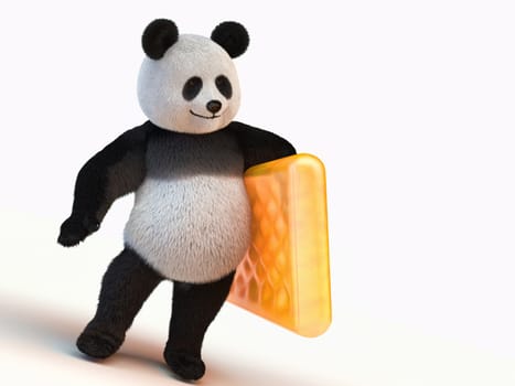 furry panda stands on two legs and holding the left leg orange inflatable mattress