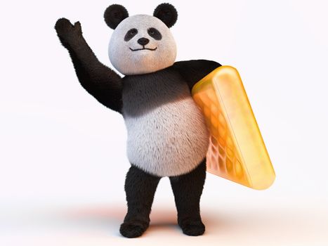 fuzzy panda stands on two legs and holding the left leg orange inflatable mattress