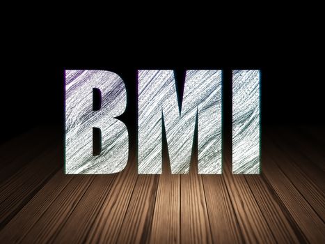 Healthcare concept: Glowing text BMI in grunge dark room with Wooden Floor, black background