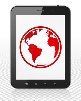 Science concept: Tablet Pc Computer with red Globe icon on display