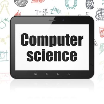 Science concept: Tablet Computer with  black text Computer Science on display,  Hand Drawn Science Icons background