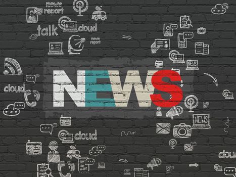 News concept: Painted multicolor text News on Black Brick wall background with Scheme Of Hand Drawn News Icons