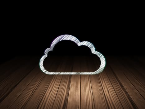 Cloud computing concept: Glowing Cloud icon in grunge dark room with Wooden Floor, black background