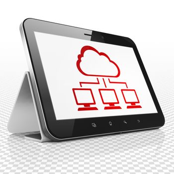 Cloud computing concept: Tablet Computer with red Cloud Network icon on display