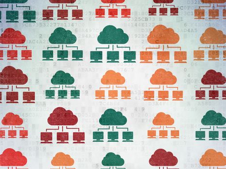 Cloud networking concept: Painted multicolor Cloud Network icons on Digital Paper background