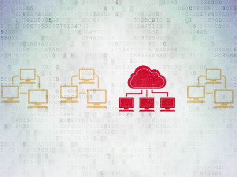 Cloud networking concept: row of Painted yellow lan computer network icons around red cloud network icon on Digital Paper background