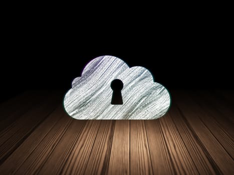 Cloud computing concept: Glowing Cloud With Keyhole icon in grunge dark room with Wooden Floor, black background