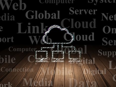 Cloud computing concept: Glowing Cloud Network icon in grunge dark room with Wooden Floor, black background with  Tag Cloud