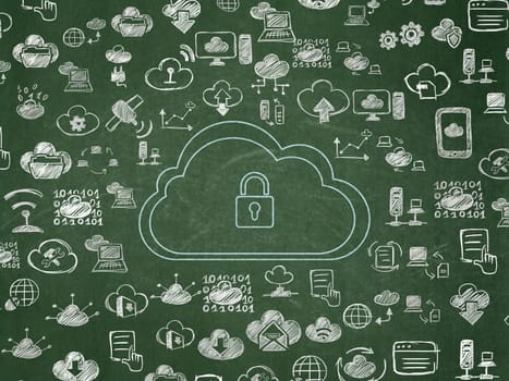 Cloud networking concept: Chalk Blue Cloud With Padlock icon on School Board background with  Hand Drawn Cloud Technology Icons