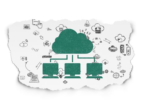 Cloud technology concept: Painted green Cloud Network icon on Torn Paper background with Scheme Of Hand Drawn Cloud Technology Icons