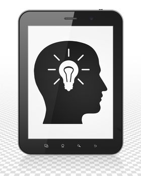 Education concept: Tablet Pc Computer with black Head With Light Bulb icon on display