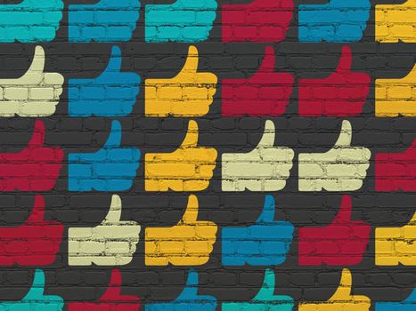 Social network concept: Painted multicolor Thumb Up icons on Black Brick wall background