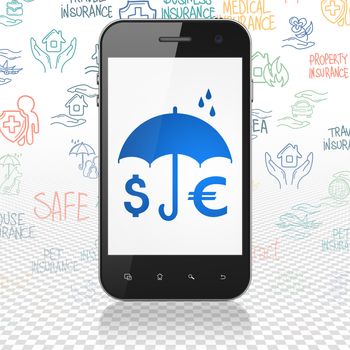 Insurance concept: Smartphone with  blue Business Insurance icon on display,  Hand Drawn Insurance Icons background