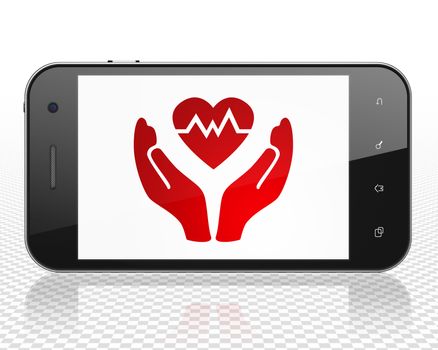 Insurance concept: Smartphone with red Health Insurance icon on display