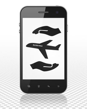 Insurance concept: Smartphone with black Travel Insurance icon on display