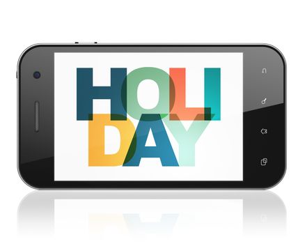 Tourism concept: Smartphone with Painted multicolor text Holiday on display