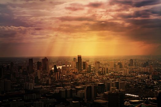 Aerial view of streets and buildings, Bangkok City. Thailand.