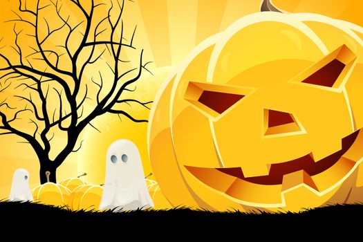 Halloween Background with Pumpkin and Ghost. Landscape.