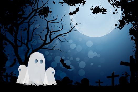 Halloween Background with Ghost and Graveyard in Grass