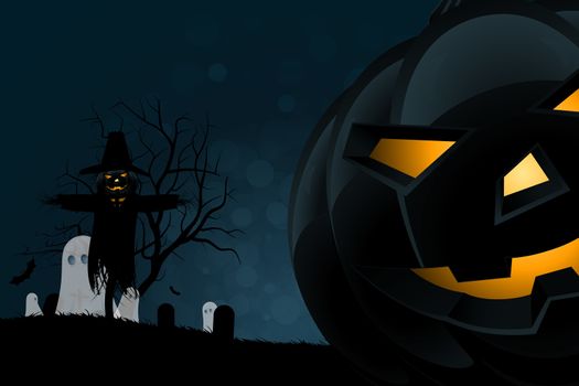 Halloween Graveyard Party Background with Scarecrow, Ghosts Pumpkins and Bats