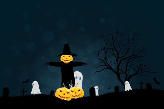 Halloween Graveyard Party Background with Scarecrow, Ghosts Pumpkins and Bats