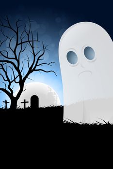 Halloween Background with Ghost and Graveyard in Grass