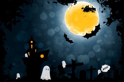 Grungy Halloween Background with Ghosts and Haunted House