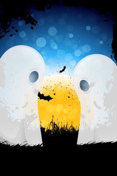 Grungy Halloween Background with Moon, Bats and Ghosts