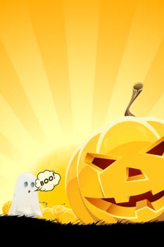 Halloween Background with Pumpkin and Ghost. Landscape.