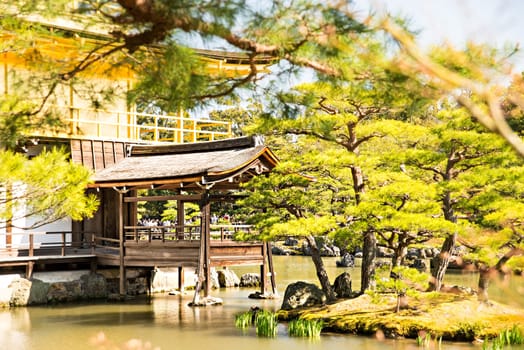 KYOTO, JAPAN - APRIL 14 2014: Old Japanese golden castle, Kinkakuji Temple (The Golden Pavilion)