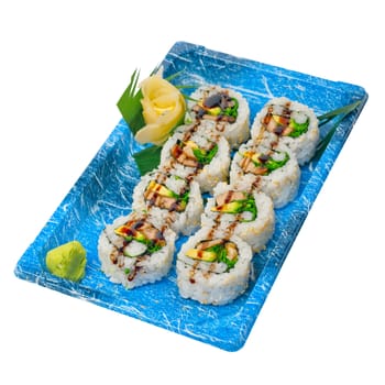 take away selection of fresh sushi express on plastic tray 