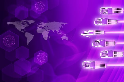Set of computer cables on abstract purple background with world map