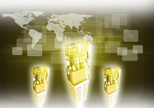 Yellow computer cables on abstract yellow background with world map