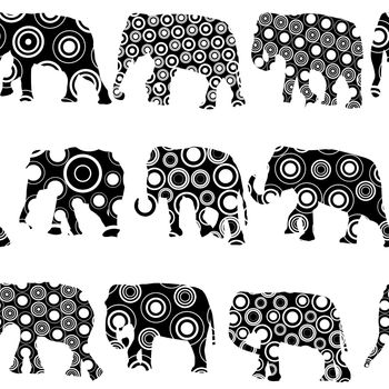 Black and white ornate patterned elephants