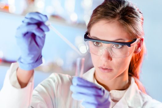 Life scientists researching in laboratory. Focused female life science professional pipetting solution into the glass cuvette. Lens focus on researcher's eyes. Healthcare and biotechnology concept.