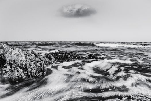 Monochrome landscape photograph taken at the Black Sea in summertime