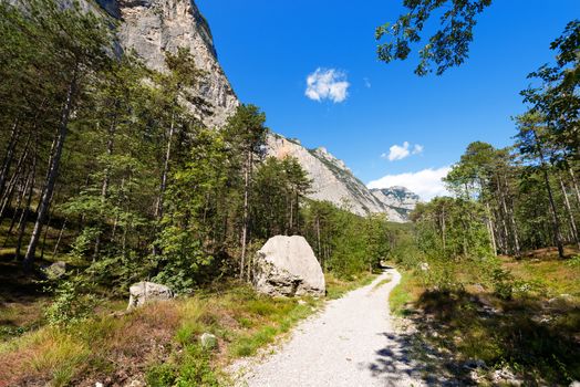 Footpath and mountain bike trail near Arco and the Garda Lake in Sarca Valley (Valle del Sarca) in Trentino Alto Adige, Italy, Europe