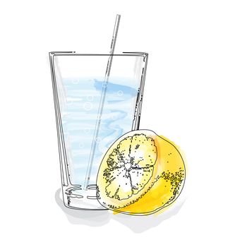 Colorful retro illustration of glass and lemon half in watercolor style